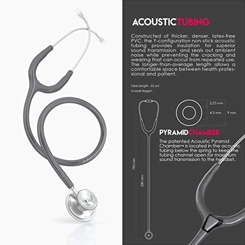 MDF Instruments, Acoustica Lightweight Stethoscope for Doctors, Nurses, Students, Home Health Use, Adult, Dual Head, Grey Tube, Silver Chestpiece-Headset, MDF747XP12