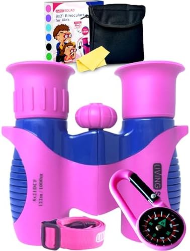 Kids Binoculars 8x21 Pink- Girls Age 3-12, Shock Proof Compact Binoculars for Kids Set- Neck Strap, Compass, Carabiner, Case- High-Resolution Optics Child Gift Toy for Bird Watching, Hiking, Spy
