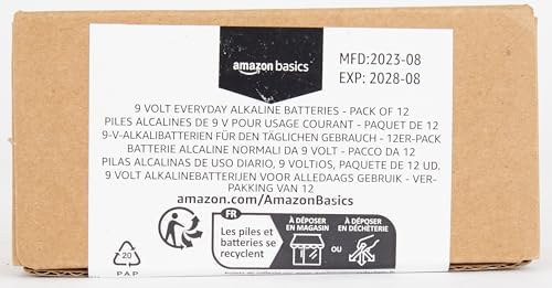Amazon Basics 12-Pack 9V Alkaline Batteries, 5-Year Shelf Life - For Smoke/CO Detector, Electronics & Audio
