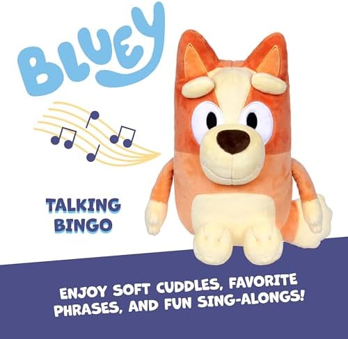 Bluey Sound Effects Talking Bingo Plush Toy, 13” Soft Bingo Toy, Interactive Stuffed Animal with 9 Different Phrases, Musical Toys for Kids