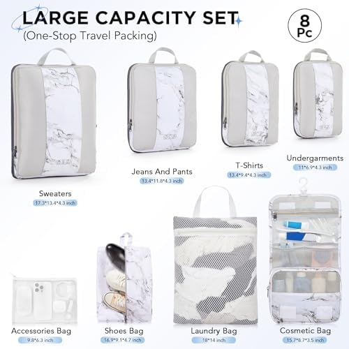 8 Set Compression Packing Cubes for Travel Essentials,Compressible Expandable Packing Cubes for Suitcase,OlarHike Luggage Organizer Bags for Travel,Handy Helper for Organizing Clothes(White Marble)