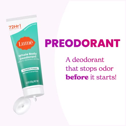 LUME Whole Body Deodorant - Invisible Cream Tube - 72 Hour Odor Control - Aluminum Free, Baking Soda Free, Skin Safe - 3.0 ounce (Pack of 2) (Minted Cucumber)