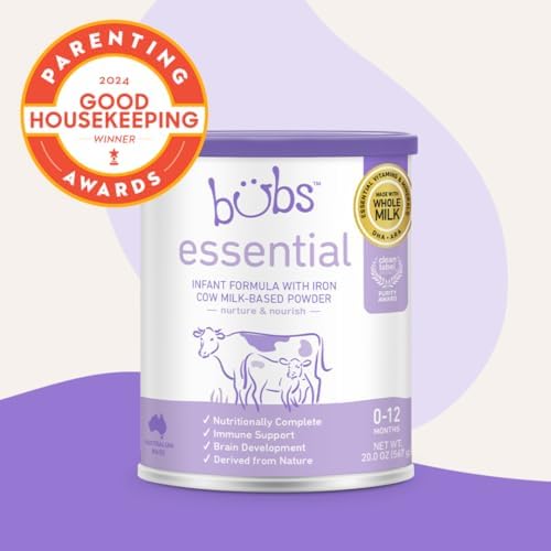 Bubs Essential Infant Formula, with Iron, Cow Milk-Based Powder, for Infants 0-12 Months, Made with Non-GMO Milk, 20 oz