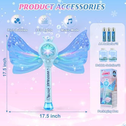 Bubble Wands for Kids Girls - LED Light & Music Bubble Machine: 3 AA Batteries & 2 Bubble Solutions, Outdoor Party Birthday Toys for Toddlers, Gift for 3 4 5 6 7 8 Year Old Girls, Blue