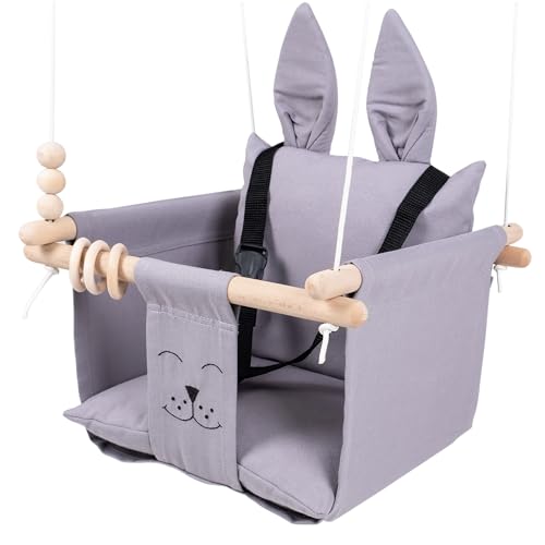 Indoor Outdoor Baby Swing with 3-Point Harness and Hardware for Ceiling, Porch, Doorway, Canvas Baby Swing Outdoor Toddler Swing Seat Grey