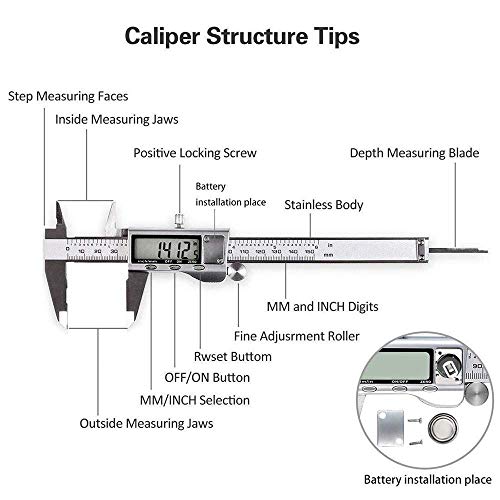 Digital Caliper, Caliper Measuring Tool with Stainless Steel, Electronic Micrometer Caliper with Large LCD Screen, Auto-Off Feature, Inch and Millimeter Conversion (6 Inch/150 mm)
