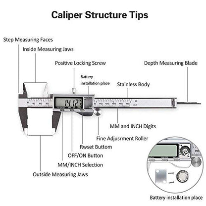 Digital Caliper, Caliper Measuring Tool with Stainless Steel, Electronic Micrometer Caliper with Large LCD Screen, Auto-Off Feature, Inch and Millimeter Conversion (6 Inch/150 mm)