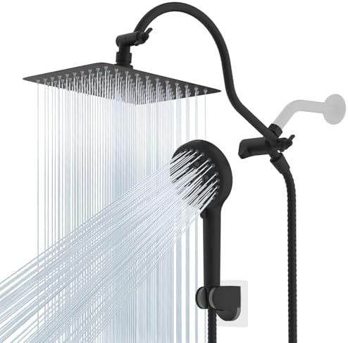 Hibbent All Metal High Pressure Rainfall 10 Inch Shower Head/Handheld Showerhead Combo/ 12 Inch Adjustable Curved Shower Extension Arm, 10-Spray, 71-inch Hose, Adhesive Showerhead Holder, Matte Black