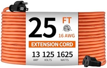 KTMC 25ft 16AWG Outdoor Extension Cord, Indoor/Outdoor 25-Foot SJTW 16/3 Gauge Extension Cable with Durable Weatherproof PVC Vinyl Jacket, 3-Prong Grounded Plug, ETL Certified 13A 1625W, Orange