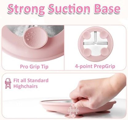 Stainless Steel Baby Plate with Suction, 9” Divided Toddler Plates with Removable Silicone Sleeves for Kids, Non-Toxic Non-Slip Unbreakable Dishwasher Safe Dinnerware Set of 2, Pink & Beige
