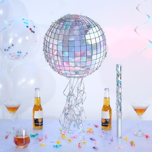 WERNNSAI Disco Ball Piñata - Disco Party Decoration for Adult Birthday Party Supplies Hanging Disco Piñata with Bat Blindfold Mirror Roller Skating Pull String, 12.2” x 12.2”
