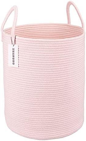 Cotton Rope Laundry Basket Hamper for Girls Kids Baby Nursery Hamper Bin Woven Storage Basket for Living Room Girls room Boho Tall Rope Baskets for Blanket Toys Large light pink