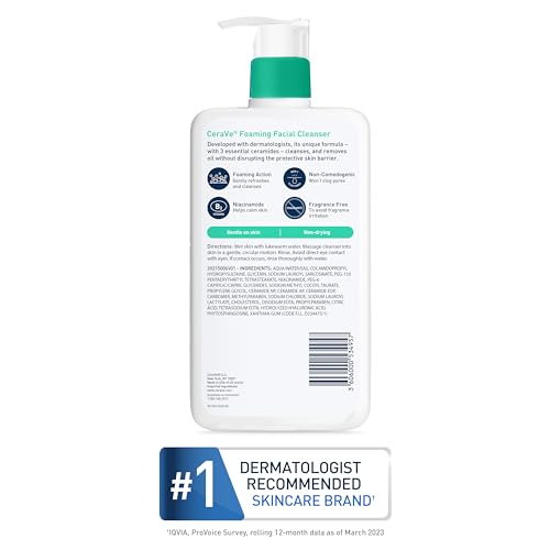 CeraVe Foaming Facial Cleanser, Daily Face Wash for Oily Skin, Hyaluronic Acid + Ceramides + Niacinamide, Fragrance Free & Paraben Free, Non-Drying Oil Control Face Wash, 16 Fluid Ounces