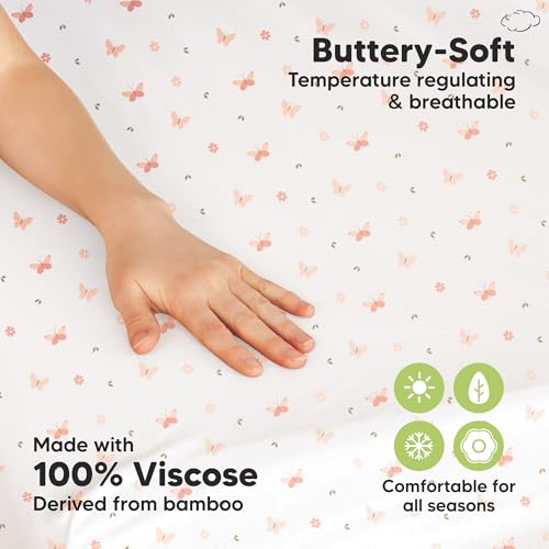 Pack and Play Sheets Fitted - 2-Pack Mini Crib Sheets for Pack N Play Mattress 38x26, Soft & Cozy, Neutral Toddler Playard Bedding, Snug Fitted Mini Baby Crib Mattress Cover Boy, Girl (Butterflies)