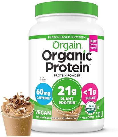 Orgain Organic Vegan Protein Powder, Iced Coffee - 21g Plant Protein, 60mg of Caffeine, Low Net Carb, No Lactose Ingredients, No Added Sugar, Non-GMO, For Shakes & Smoothies, 2.03 lb