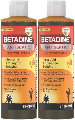 Betadine Antiseptic Liquid First Aid Solution, Povidone-Iodine 10%, Kills Germs in Minor Cuts Scrapes & Burns, No Sting Promise, No Alcohol or Hydrogen Peroxide, 8 FL OZ (Pack of 2)