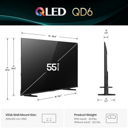 Hisense 55" Class QD6 Series (55QD6QF, 2025 Model) QLED 4K UHD Smart Fire TV, Voice Remote with Alexa, Dolby Vision, Dolby Atmos, Motion Rate 120, HDR 10+, Game Mode Plus, MEMC, VRR, ALLM