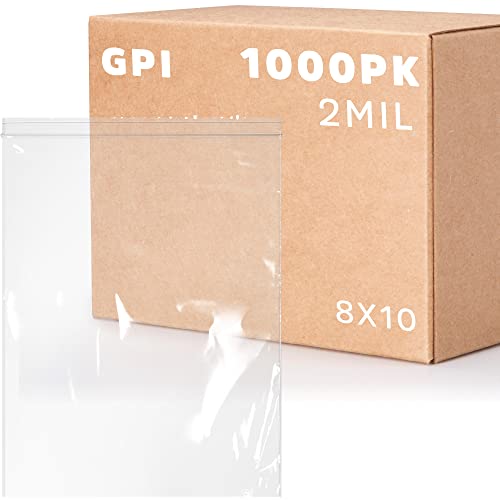CLEAR PLASTIC RECLOSABLE ZIP BAGS - Bulk GPI Case Of 1000 8" x 10" 2 mil Thick Strong & Durable Poly Baggies With Resealable Zip Top Lock For Travel, Storage, Packaging & Shipping.
