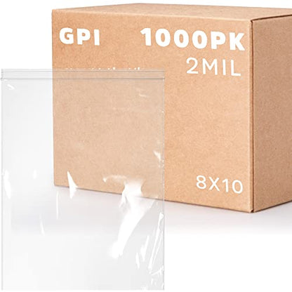 CLEAR PLASTIC RECLOSABLE ZIP BAGS - Bulk GPI Case Of 1000 8" x 10" 2 mil Thick Strong & Durable Poly Baggies With Resealable Zip Top Lock For Travel, Storage, Packaging & Shipping.