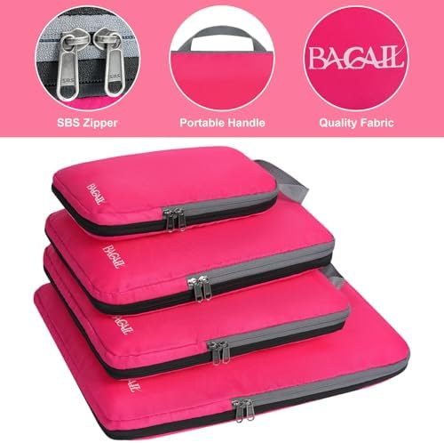 BAGAIL 4 Set/6 Set/8 Set Compression Packing Cubes Travel Accessories Expandable Packing Organizers (Cloth Pattern, 4-Fuchsia)
