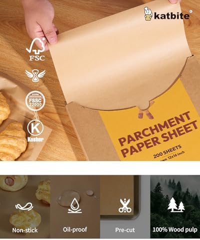 Katbite 200Pcs 12x16 In Unbleached Parchment Paper for Baking, Precut Parchment Paper Sheets, Heavy Duty Flat Baking Paper, Half Sheet Baking Sheets for Baking Cookies, Cooking, Air Fryer, Oven