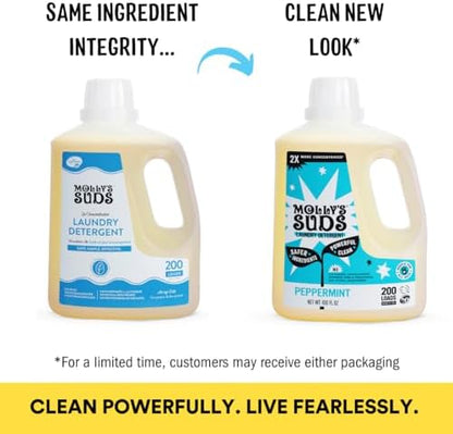 Molly's Suds Liquid Laundry Detergent | Clean Laundry Detergent Soap for Sensitive Skin | 2x Concentrated, High Efficiency (HE) | Peppermint - 100 Loads