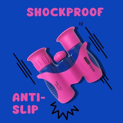 Kids Binoculars 8x21 Pink- Girls Age 3-12, Shock Proof Compact Binoculars for Kids Set- Neck Strap, Compass, Carabiner, Case- High-Resolution Optics Child Gift Toy for Bird Watching, Hiking, Spy