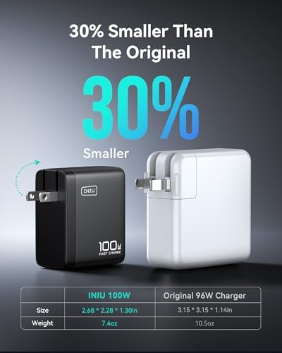 INIU USB C Charger Block, 3-Port 100W PD Fast Charging, MacBook Charger with USB C Cable and Foldable Plug, GaN Tech, for MacBook Pro/Air, Laptop, iPhone 16, Samsung S25, iPad, Multiple Devices etc