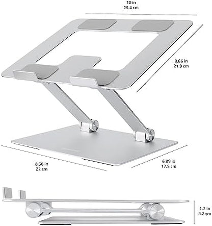 Amazon Basics Sturdy and Portable Ergonomic Laptop Stand for Desk, Adjustable Riser, Fits all Laptops and Notebooks up to 17.3 Inch, Silver, 10 x 8.7 x 6 in