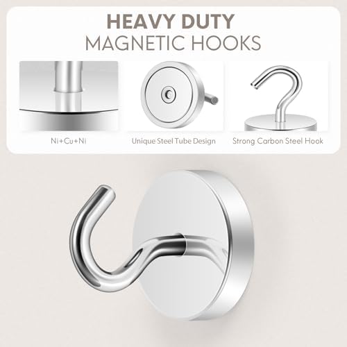 Neosmuk Magnetic Hooks, Cruise Ship Essentials, 120lb+ Heavy Duty Magnetic Hooks for Cruise Cabins, Refrigerator, Grill, Hanging, and Travel | Extra Strong Must-Haves Magnet Hook,Silver, Pack of 10
