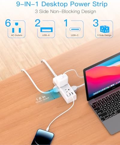 One Beat 10Ft Extension Cord with Multiple Outlets,Flat Plug Power Strip Surge Protector with 10 Ft Long Cord,6 Outlet 3 USB Ports (1USB C),Multi Outlet Wall Plug for Travel,College,Dorm Essentials