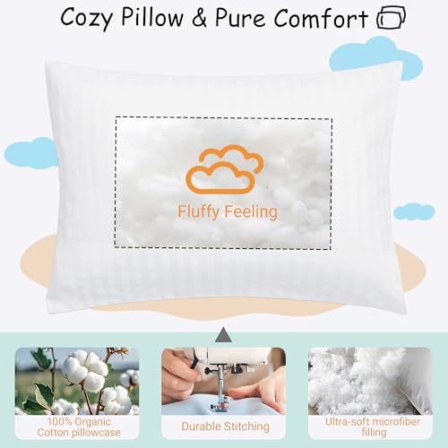 ZPECC Toddler Pillow with Pillowcase - 16x22 Organic Cotton Hypoallergenic Kids Pillow, Baby Essentials for Travel Crib Daycare Stroller (Intended for Age 2 and up) White Stripe