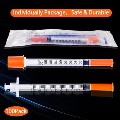 1ML Syringe, Lab Supplies Syringes 29G 1/2 Inch with Cover, Individually Wrapped, Pack of 100