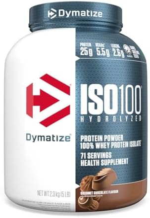 Dymatize ISO100 Whey Protein Powder Isolate, Gourmet Chocolate, 25g of Protein, 5 Pound, 5.5g BCAAs, Less Than 120 Cal., Gluten Free, 1g Fat, 1g Sugar, 2g Carb (71 Servings)