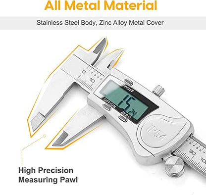 Digital Caliper, 6 inch Caliper Extreme Accuracy Measuring Tool with Stainless Steel, IP54 Waterproof Protection Design, Inch Metric Fraction Switch for Daily and Professional Use