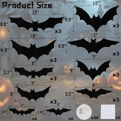 DR.DUDU 36 Pack Halloween Bats Wall Decor – Lighted 3D Bat Stickers Assorted Size for Halloween Party, Bedroom Window Decorations, Indoor and Outdoor Home Decals