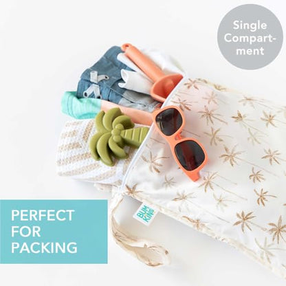 Bumkins Waterproof Wet Bag for Baby, Travel, Swim Suit, Cloth Diapers, Pump Parts, Pool, Beach, Gym Clothes, Toiletry, Hook to Stroller, Daycare, Zip Reusable Wetdry Pack, 2-pk Palm Trees, Beige Check