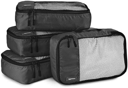 Amazon Basics Small Packing Cubes for Travel, Packing Organizers, 4-Piece-Set With Double Zipper Pulls and Mesh Top Panel, 100% Durable Polyester, Black, 11"L x 6.8"W x 3"H
