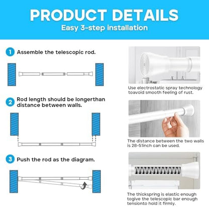 AIZESI Spring Tension Rods Adjustable Tension Curtain Rod Small Tension Rod No Drilling Expandable Spring Loaded Curtain Tension Rod?White,45" to 77"-1Pcs)