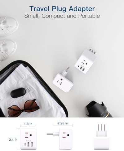 2 Pack Italy Travel Plug Adapter, Type L Italy Power Adapter with 3 American Outlets 3 USB Ports(1USB C), 6 in 1 Travel Outlet Adaptor, 3 Prong Grounded Plug for USA to Italy Chile Uruguay Italian