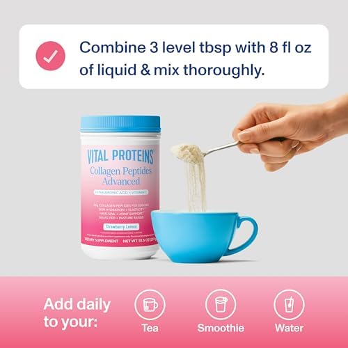 Vital Proteins Collagen Peptides Advanced, Hydrolyzed Peptides with Hyaluronic Acid and Vitamin C - Strawberry Lemon Flavor Powder, 10.5oz