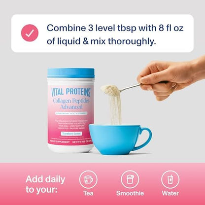 Vital Proteins Collagen Peptides Advanced, Hydrolyzed Peptides with Hyaluronic Acid and Vitamin C - Strawberry Lemon Flavor Powder, 10.5oz