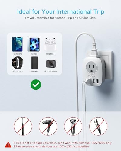 2 Pack European Travel Plug Adapter, VINTAR International Power Plug Adapter with 1 USB C, 2 American Outlets and 3 USB Ports, 6 in 1 Travel Essentials to Most of Europe Greece, Italy(Type C)