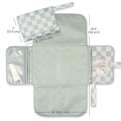 Tiny Twinkle Portable Diaper Changing Pad-Foldable Waterproof Changing Mat&Portable Changing Pad for Travel,Baby Changing Station with Smart Wipes Pocket&Storage (Sage Checkers)