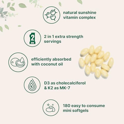Micro Ingredients Vitamin D3 10,000 IU + K2 MK-7 200 mcg, 180 Softgels | Virgin Coconut Oil | 2-in-1 Bone, Immune & Heart Support | Easy to Swallow, Non-GMO