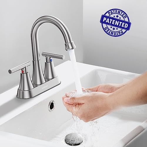 Bathroom Faucets for Sink 3 Hole, Hurran 4 inch Brushed Nickel Bathroom Sink Faucet with Pop-up Drain and Supply Hoses, Stainless Steel Lead-Free Centerset Faucet for Vanity RV, 2 Pack
