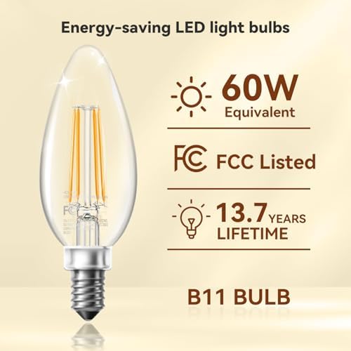 TJOY LED Candelabra Bulbs Dimmable, 60W Equivalent Chandelier Light Bulb, E12 Small Base, 4.5W 2700K Soft Warm White, B11 Vintage Filament Clear Glass Candle Light for Ceiling Fan Chandeliers, 12Pack