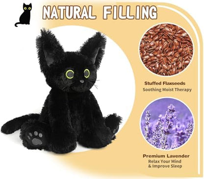 Cuckool Black Cat Stuffed Animals, Microwavable Stuffed Animals Heating Pad for Cramps, Pain Stress Relief, Heatable & Coolable Lavender Scented Cat Plush Toys for Anxiety, Women & Kids Bedtime