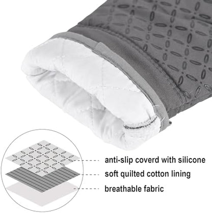 KEGOUU Oven Mitts and Pot Holders 6pcs Set, Kitchen Oven Glove High Heat Resistant 500 Degree Extra Long Oven Mitts and Potholder with Non-Slip Silicone Surface for Cooking (Grey)