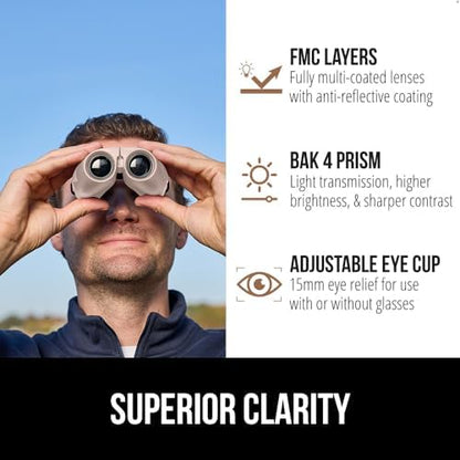 GORILLA GRIP 10x25 Compact Binoculars for Adults with Strap, Superior High Powered Clear 10X Magnification, Lightweight, Bird Watching, Hunting, Stargazing, Adjustable Eye Cups, Khaki